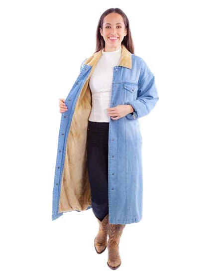 Women's Long Denim Jacket with Sherpa Lining Front Pockets Side Pockets Patch Pockets