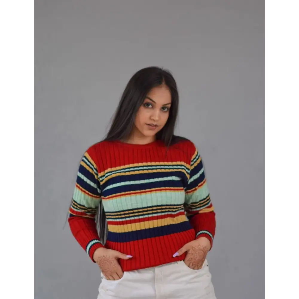Women's Woolen Color Block Full Sleeves Sweater Silk Blend Satin Velvet