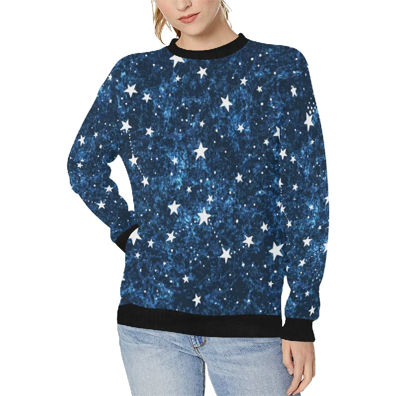 Night sky star pattern Women's Crew Neck Sweatshirt Hoodie with Hem Frayed Vintage Worn