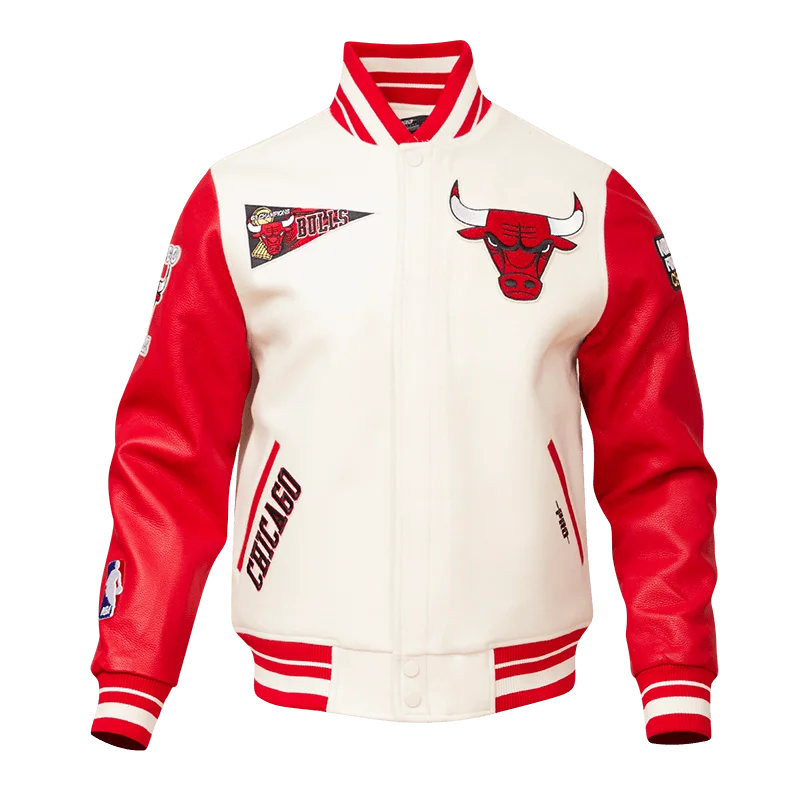 NBA CHICAGO BULLS RETRO CLASSIC MEN'S RIB WOOL VARSITY JACKET (EGGSHELL/RED) Insulated Jacket Fitted Jacket Loose Jacket