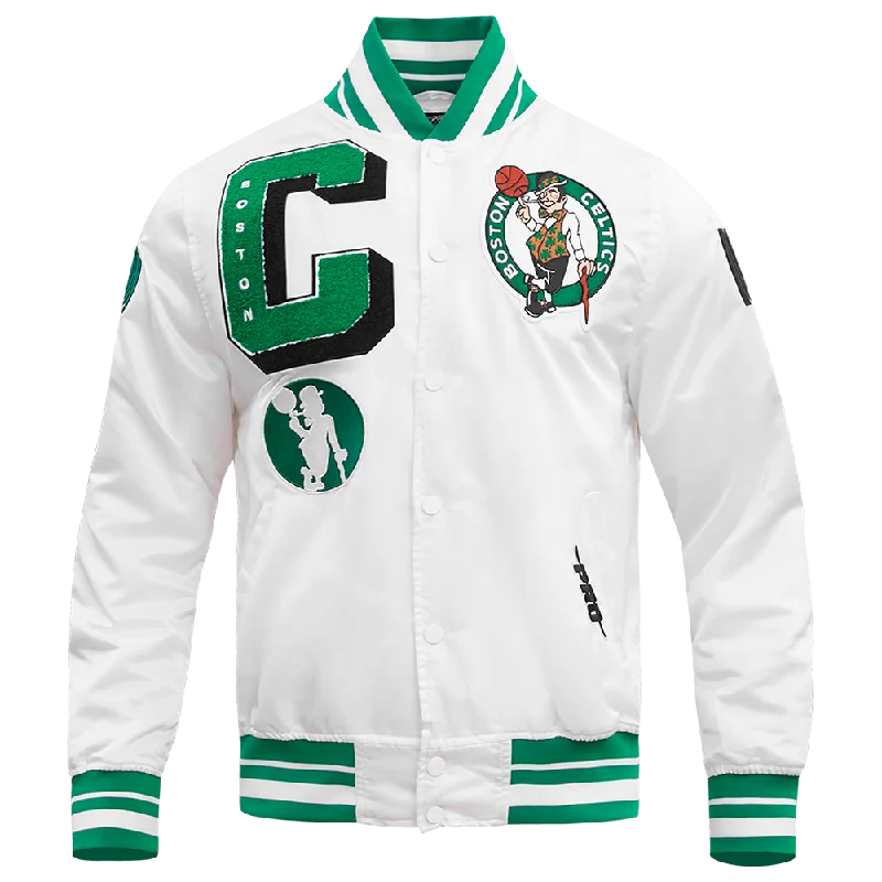 NBA BOSTON CELTICS MASHUP MEN'S RIB SATIN JACKET (WHITE/GREEN) Elasticated Jacket Padded Jacket Insulated Jacket