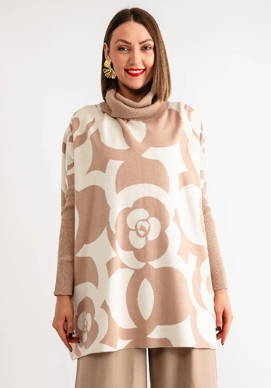 Serafina Collection Printed One Size Roll Neck Jumper, Beige Chenille Brocade Lace
