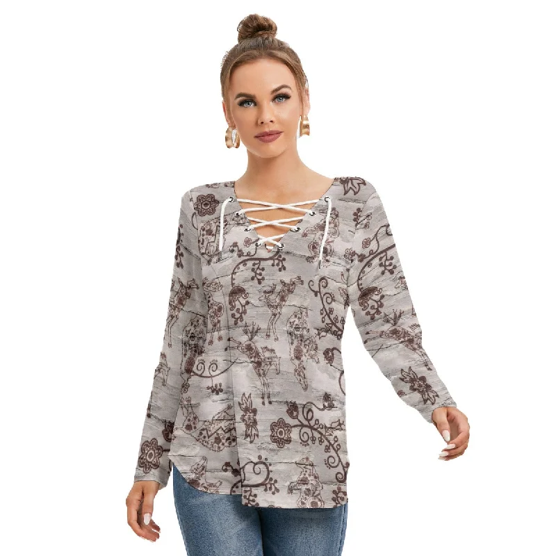 Forest Medley Women's Long Sleeve Neckline Tie Sweatshirt Hoodie with Color Block Contrast Stylish