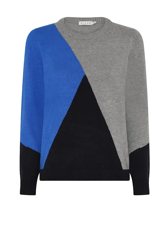 Micha Colour Block Cosy Knit Jumper, Grey and Blue Fleece Fabric Down Fabric Feather Fabric