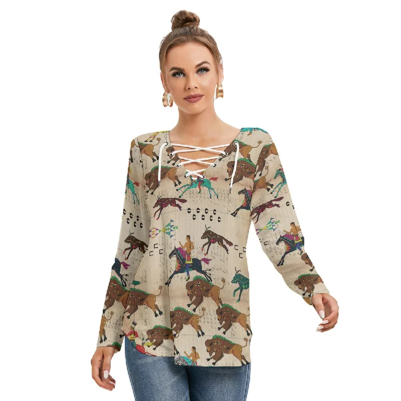 The Hunt Women's Long Sleeve Neckline Tie Sweatshirt Hoodie with Strings Custom Fit Adjustable