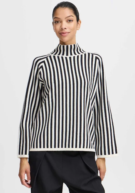 b.young Otari Striped Polo Neck Jumper, Black and White Seamless Knitted Crochet