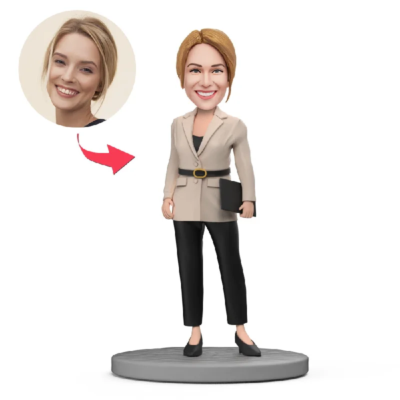 Office Lady Beige Jacket with Black Pants Custom Bobblehead with Engraved Text Herringbone Jacket Houndstooth Jacket Plaid Jacket