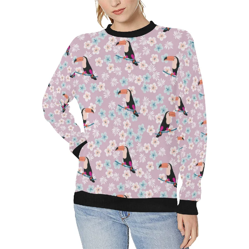 Beautiful toucan flower leaves Women's Crew Neck Sweatshirt Hoodie with Exposed Zipper Edgy Industrial