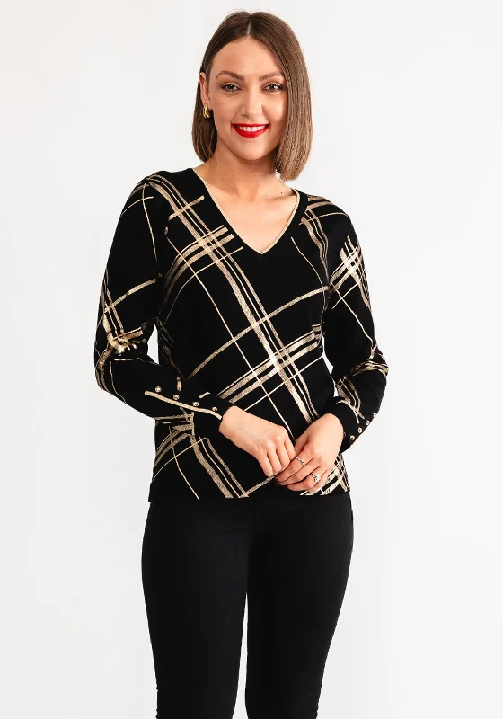 Leo and Ugo Checked Button Detail Sweater, Black and Gold Jersey Fabric Tulle Fabric Batik Fabric