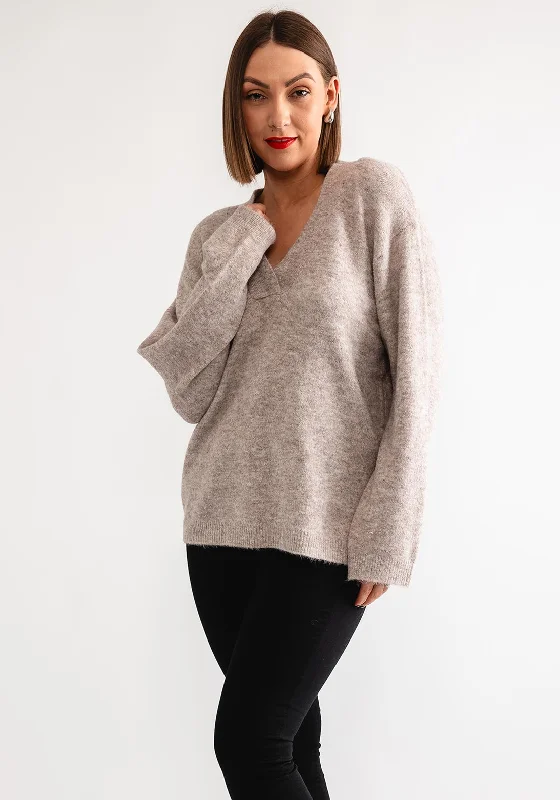 Freequent Gresevalin Knit V Neck Jumper, Taupe Wool Fabric Cashmere Fabric Tweed Fabric