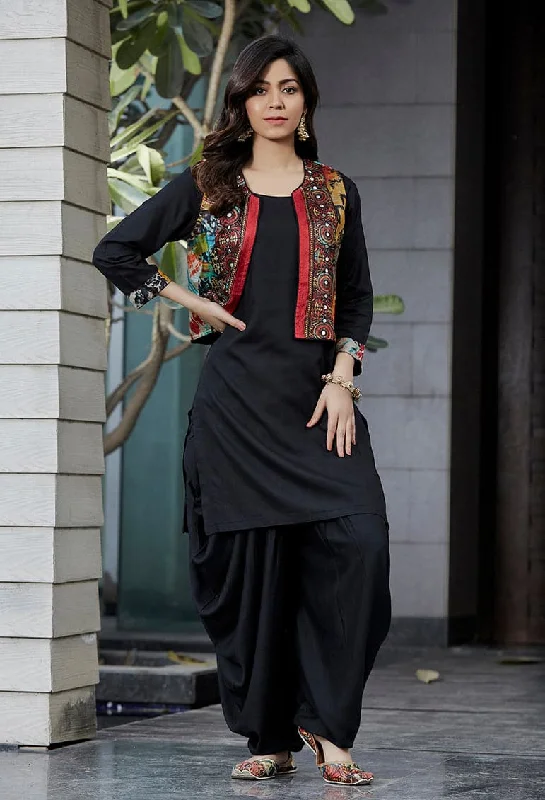 Kurta with Dhoti Styled Pants and Jacket 3161 Cotton Fabric Linen Fabric Terry Fabric