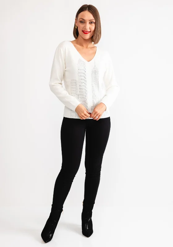 Leo and Ugo Embellished Skyscraper Jumper, Off White Knit Fabric Woven Fabric Fleece Fabric