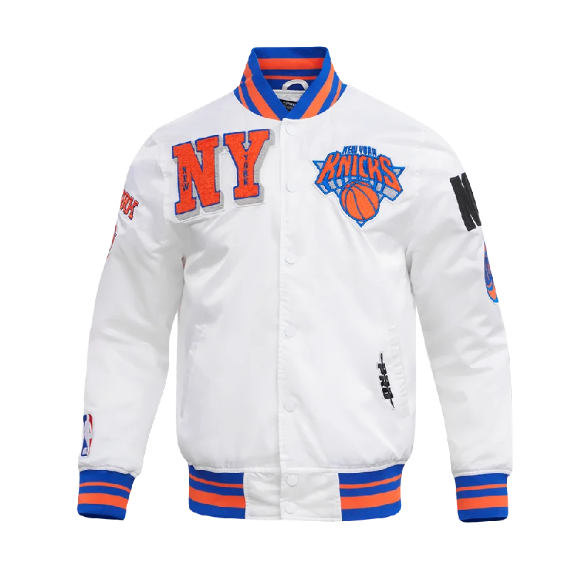 NBA NEW YORK KNICKS MASHUP MEN'S RIB SATIN JACKET (WHITE/ROYAL BLUE/ORANGE) Snapped Jacket Toggled Jacket Drawstring Jacket