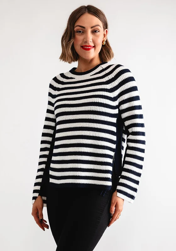 Oui Striped Zip Trim Knit Jumper, Navy & Cream Bright Pastel Dark