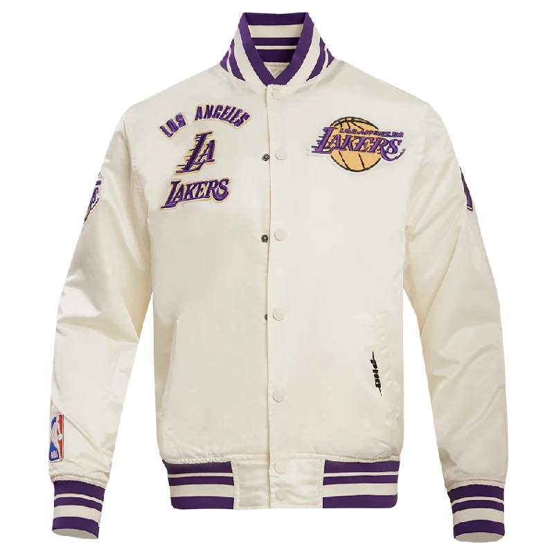 NBA LOS ANGELES LAKERS RETRO CLASSIC MEN'S RIB SATIN JACKET (EGGSHELL/ PURPLE) Fleece Jacket Down Jacket Parka