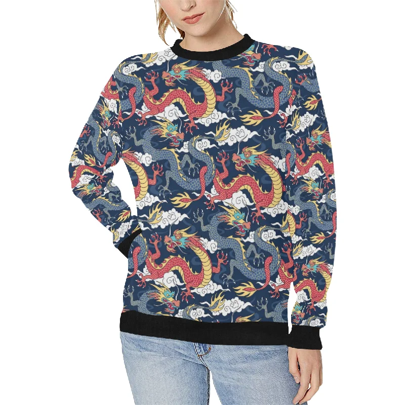 Blue red dragon cloud pattern Women's Crew Neck Sweatshirt Hoodie with Cuffed Sleeves Snug Secure