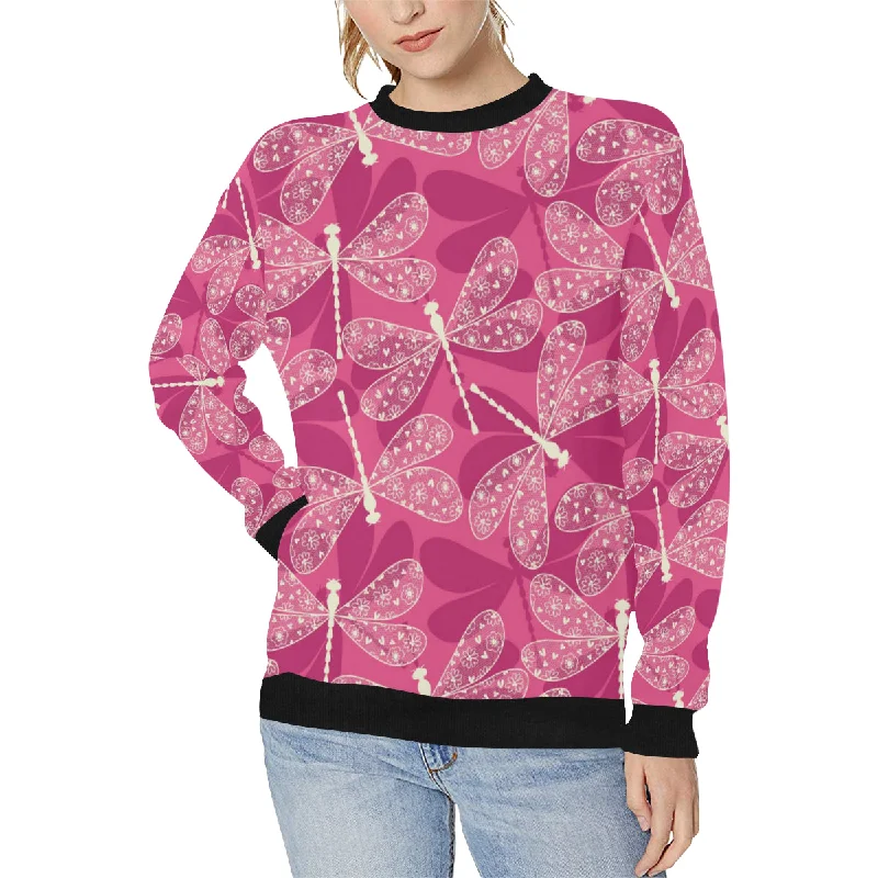 Beautiful dragonfly pink background Women's Crew Neck Sweatshirt Hoodie with Hem Elastic Stretchable Comfortable