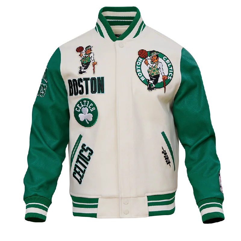 NBA BOSTON CELTICS RETRO CLASSIC MEN'S RIB WOOL VARSITY JACKET (EGGSHELL/KELLY GREEN) Notch Collar Peter Pan Collar Cowl Neck