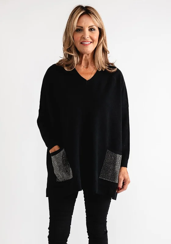 Serafina Collection Embellished Pocket Jumper, Black Silk Blend Satin Velvet