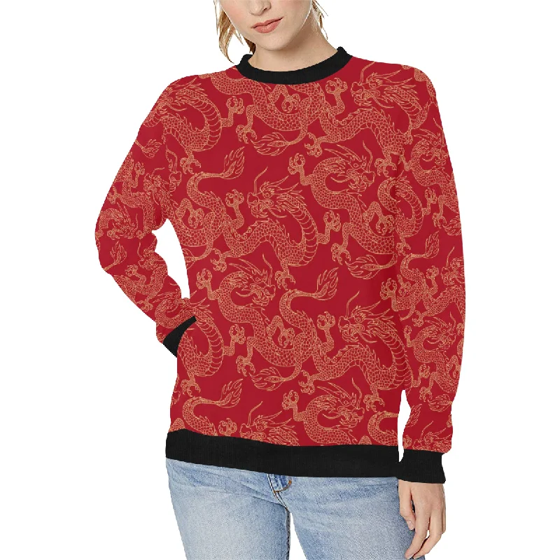 Gold dragons red background Women's Crew Neck Sweatshirt Hooded Sweatshirt Casual Wear Street Style