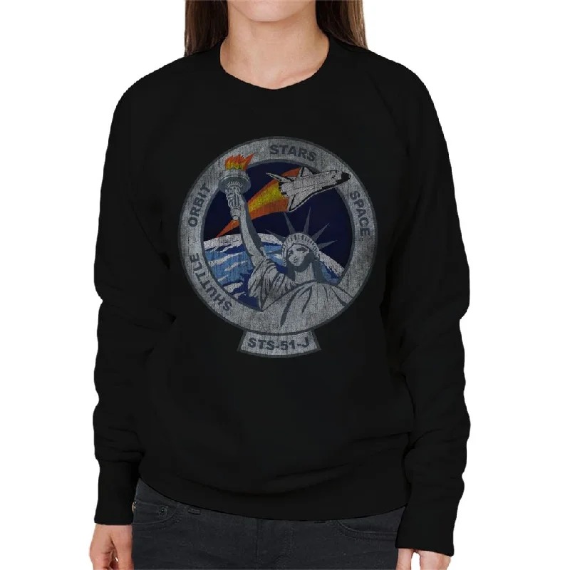 NASA STS 51 J Atlantis Mission Badge Distressed Women's Sweatshirt Hoodie with Rolled Sleeves Casual Relaxed