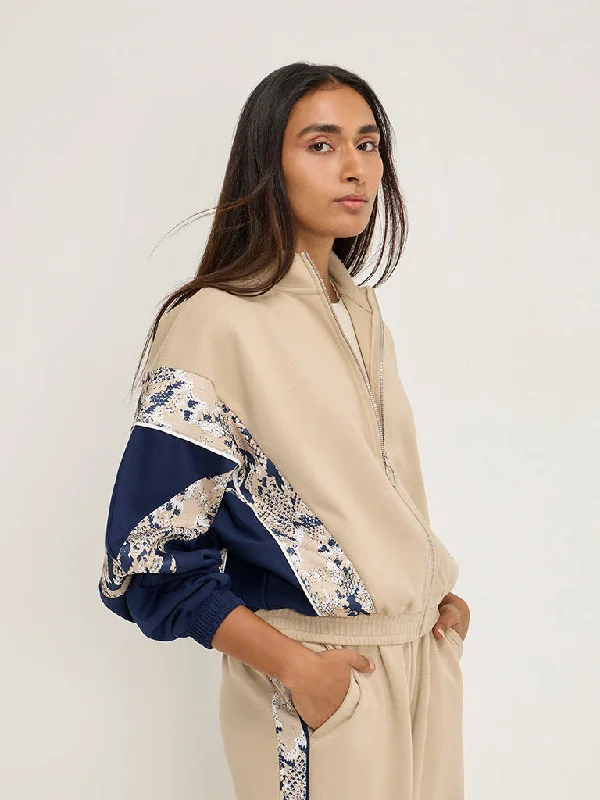 LOV Beige Abstract Design Jacket Welt Pockets Slit Pockets Flap Pockets