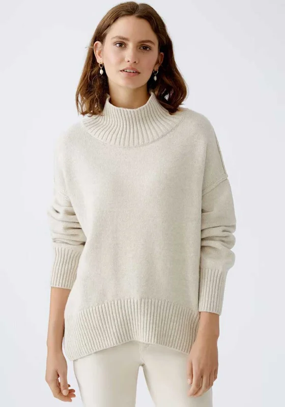 Oui Knit Polo Neck Jumper, Light Beige Tailored Straight A-Line