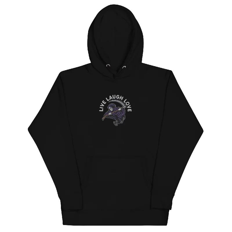Live Laugh Love Grim Reaper Embroidered Hoodie Hoodie with Illustration Artistic Creative