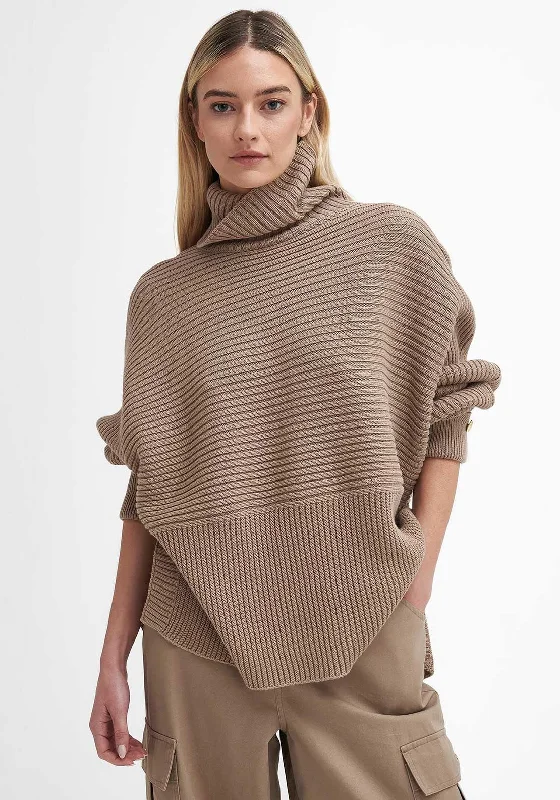 Barbour Roberta Chunky Ribbed Jumper, Brown Houndstooth Herringbone Solid