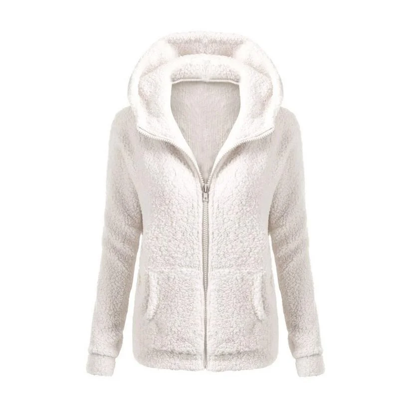 Women Solid Coloor Coat Thicken Soft Fleece Winter Autumn Warm Jacket Hooded Zipper Overcoat Female Fashion Casual Outwear Striped Jacket Polka Dot Jacket Floral Jacket