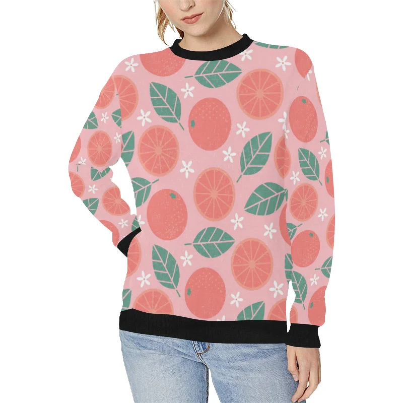 Grapefruit leaves flower pink background Women's Crew Neck Sweatshirt Hoodie with High-Low Hem Asymmetrical Trendy