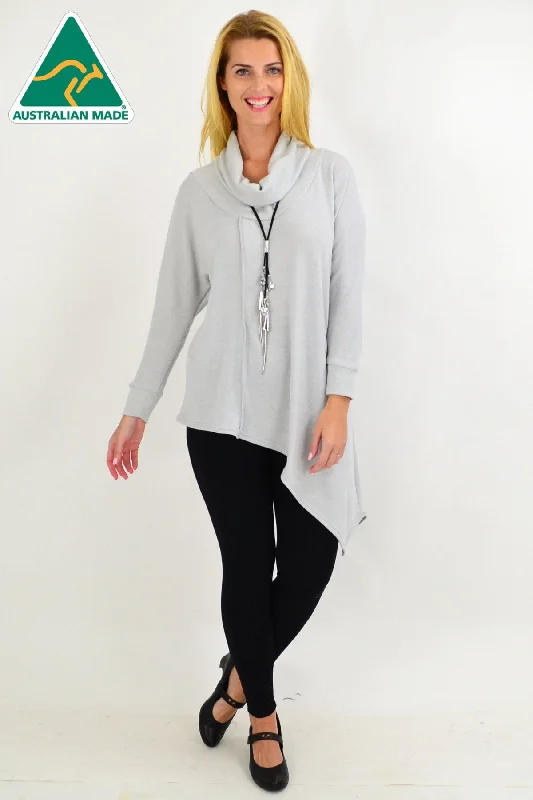 Light Grey Asymmetrical Rolled Neck Jumper Terry Blend Velvet Blend Canvas Blend