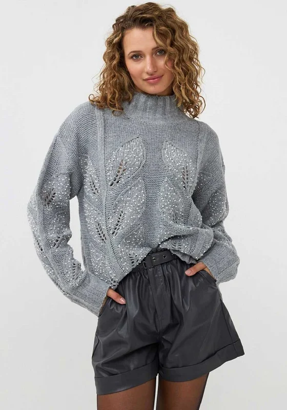 Esqualo Pearl Embellished Leaf Print Jumper, Grey Mesh Fabric Canvas Fabric Denim Fabric