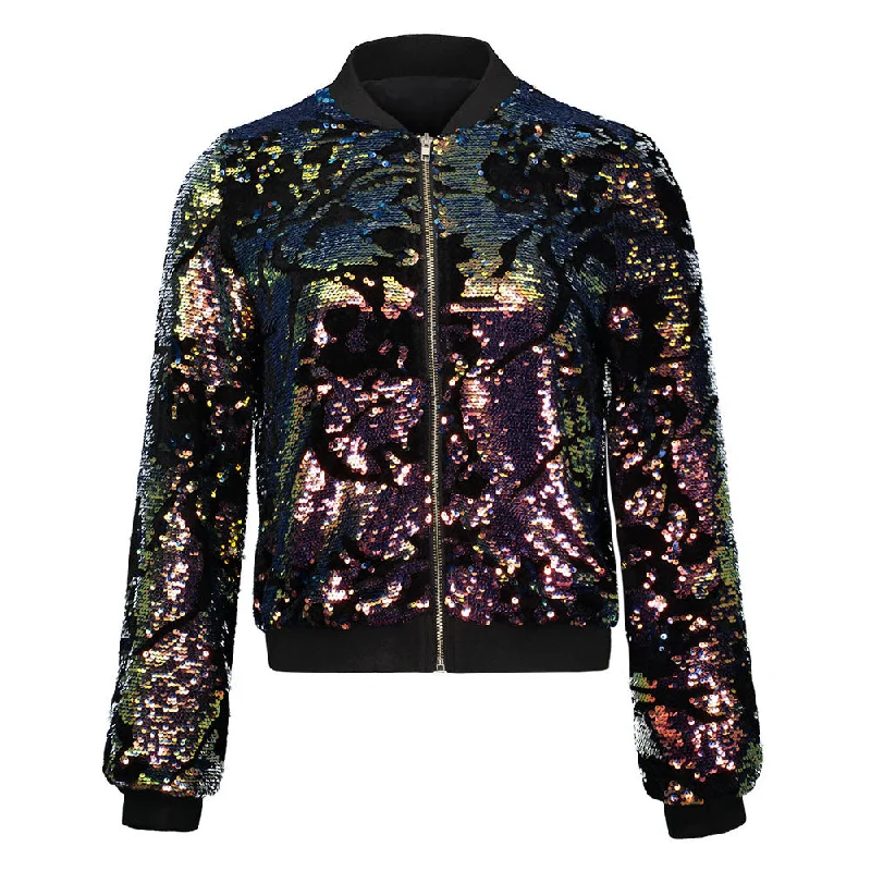 Autumn Women Sequin Coat Jacket Long Sleeve Zipper Streetwear Jacket Preppy Loose Casual Basic Coat Bomber Jacket Casual Outwear Zip Front Button Front Snap Front