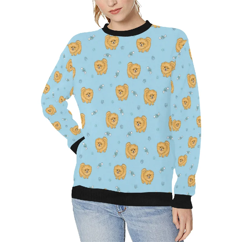 Brown cute pomeranian blue blackground Women's Crew Neck Sweatshirt Hoodie with Fur Luxurious Winter