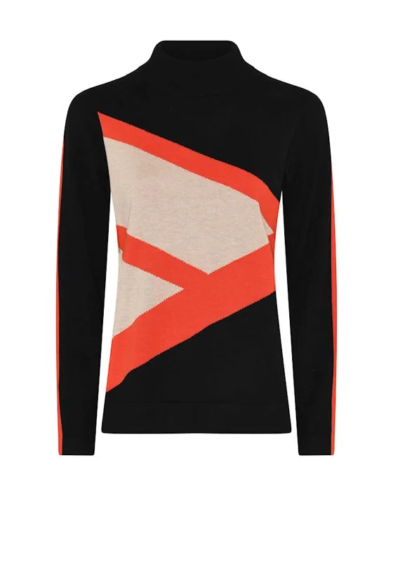 Micha Colour Block Funnel Neck Jumper, Black Mesh Blend Leather Blend Suede Blend