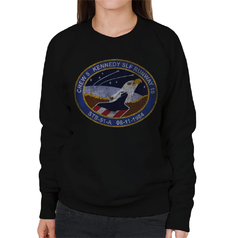 NASA STS 51 A Discovery Mission Badge Distressed Women's Sweatshirt Hoodie with Elastic Waist Stretchable Comfortable