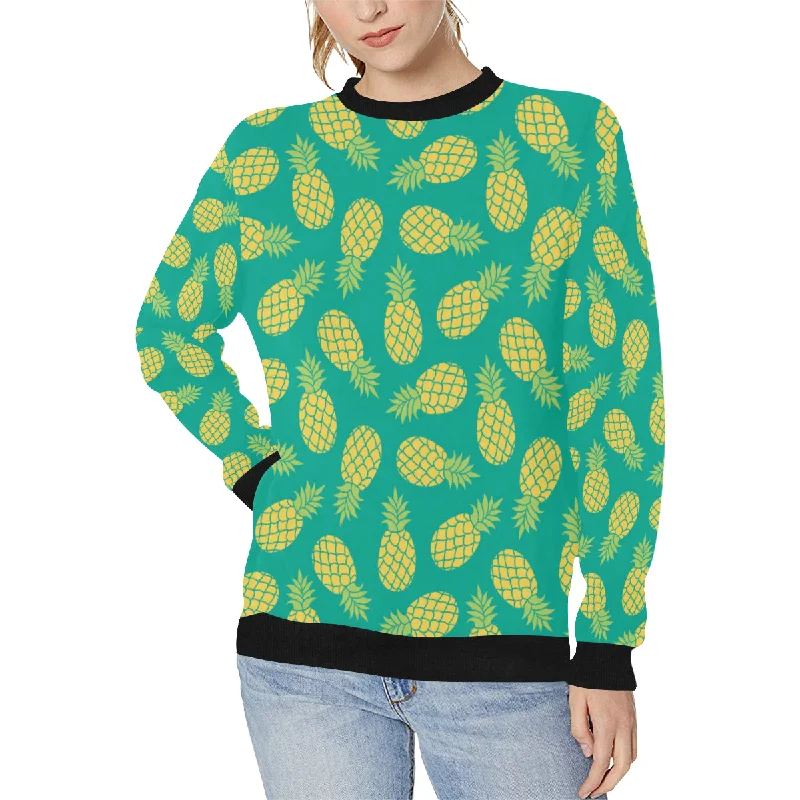 Pineapples pattern green background Women's Crew Neck Sweatshirt Hoodie with Mesh Breathable Sporty