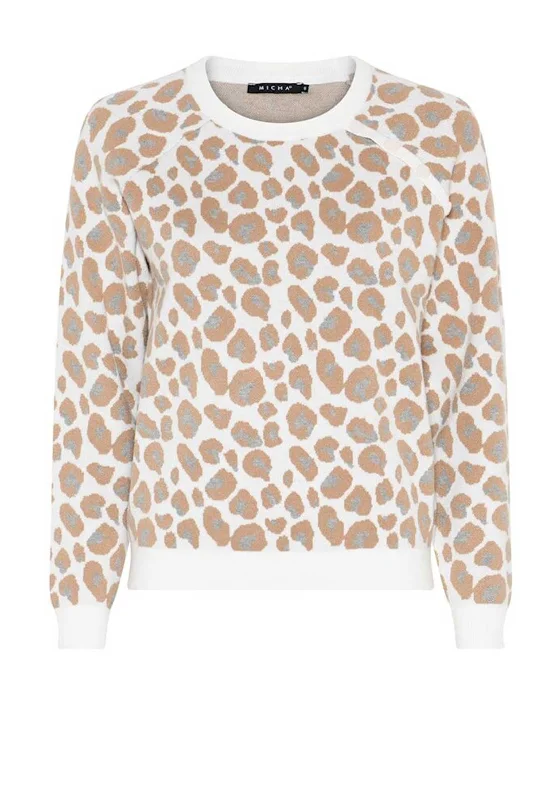 Micha Leopard Printed Button Trim Jumper, Beige Striped Floral Plaid