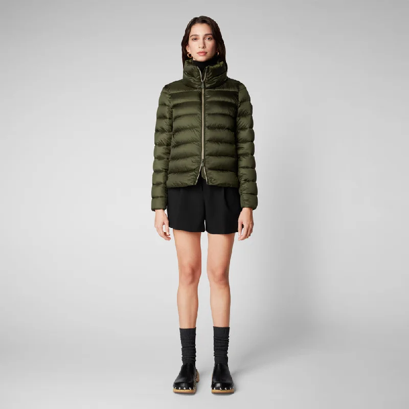 Save The Duck Elsie Jacket in Pine Green Faux Fur Fabric Real Fur Fabric Shearling Fabric
