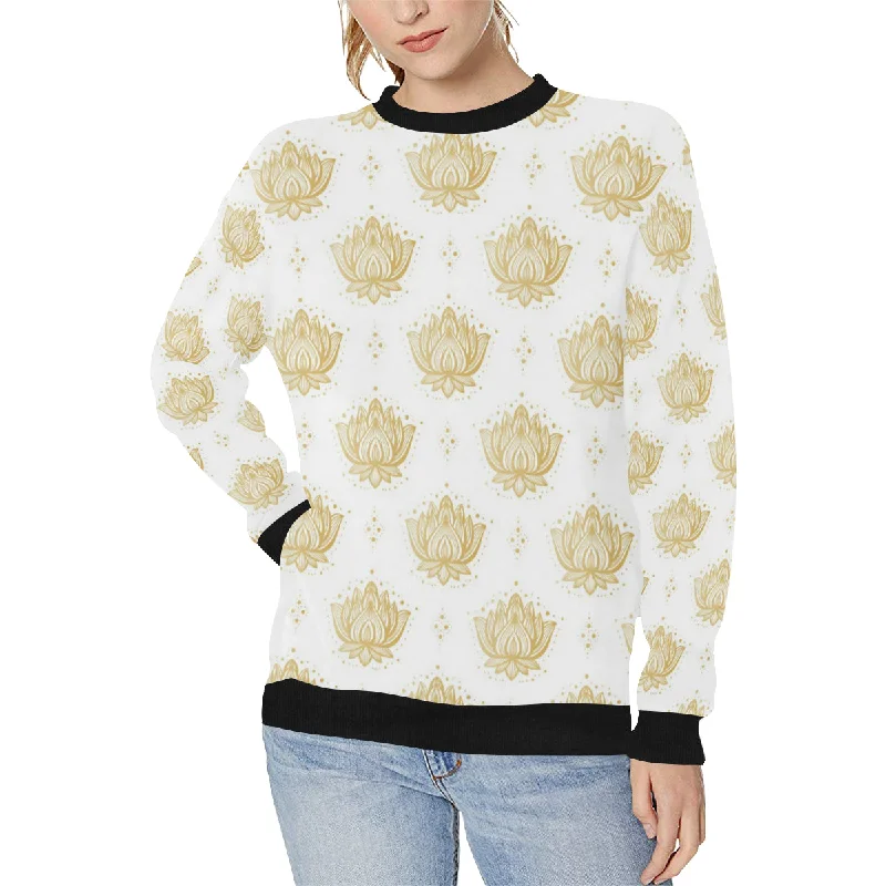 Gold Ornamental lotue waterlily symbol pattern Women's Crew Neck Sweatshirt Hoodie with Drawstring Waist Adjustable Fitted