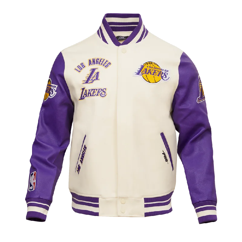 NBA LOS ANGELES LAKERS RETRO CLASSIC MEN'S RIB WOOL VARSITY JACKET (EGGSHELL/PURPLE) Corduroy Jacket Velvet Jacket Brocade Jacket