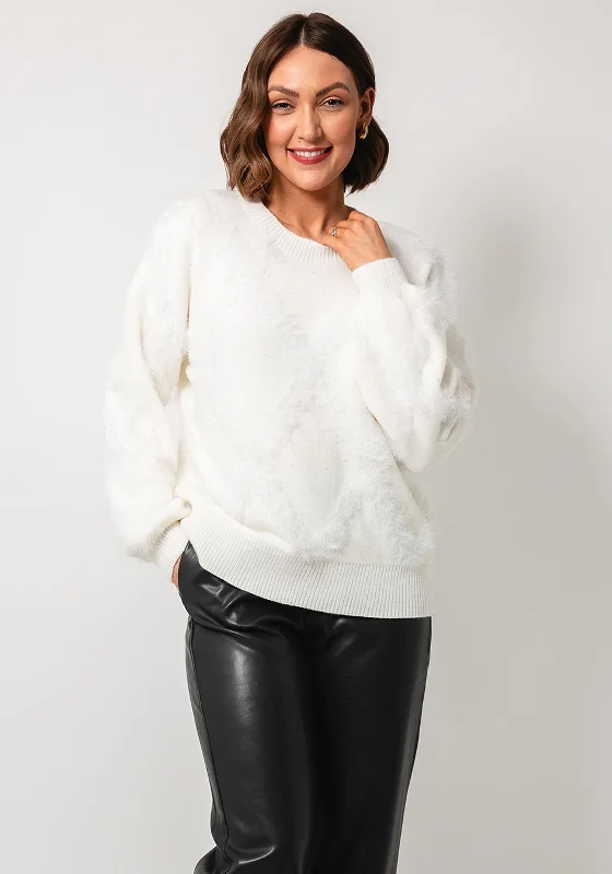 Esqualo Fluffy Knit Sequin Embellished Jumper, White Satin Fabric Silk Fabric Chiffon Fabric