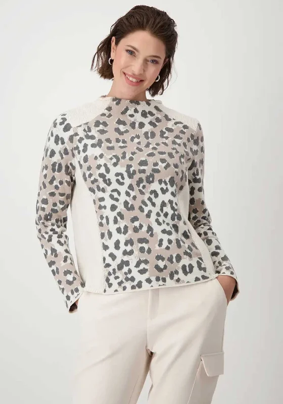 Monari Leopard Knit Trim Jumper, Beige Cashmere Blend Cotton Blend Poly Blend