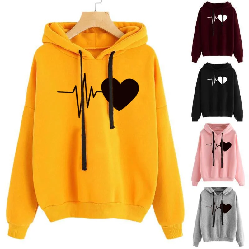 Heart Print Streetwear Hoodies Women Sweatshirt Spring Autumn Long Sleeve Hoodie Clothes Zip Hoodie Drawstring Kangaroo Pocket