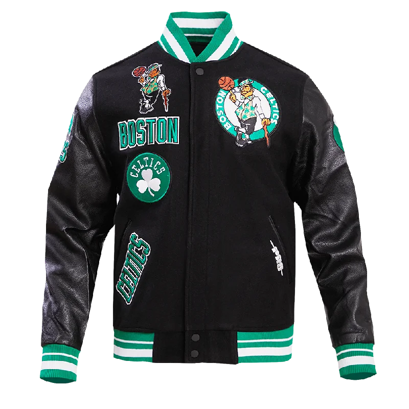 NBA BOSTON CELTICS RETRO CLASSIC MEN'S RIB WOOL VARSITY JACKET (BLACK/KELLY GREEN) Zippered Front Buttoned Front Snap Front