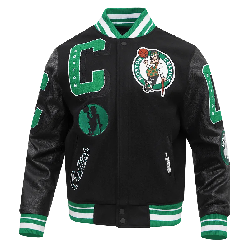 NBA BOSTON CELTICS MASHUP MEN'S RIB WOOL VARSITY JACKET (BLACK/GREEN) Wool Jacket Cashmere Jacket Tweed Jacket