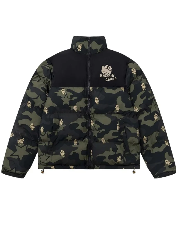'Wow' Streetstyle Oversized Camouflage Kitty Puffer Jacket Notch Collar Peter Pan Collar Cowl Neck