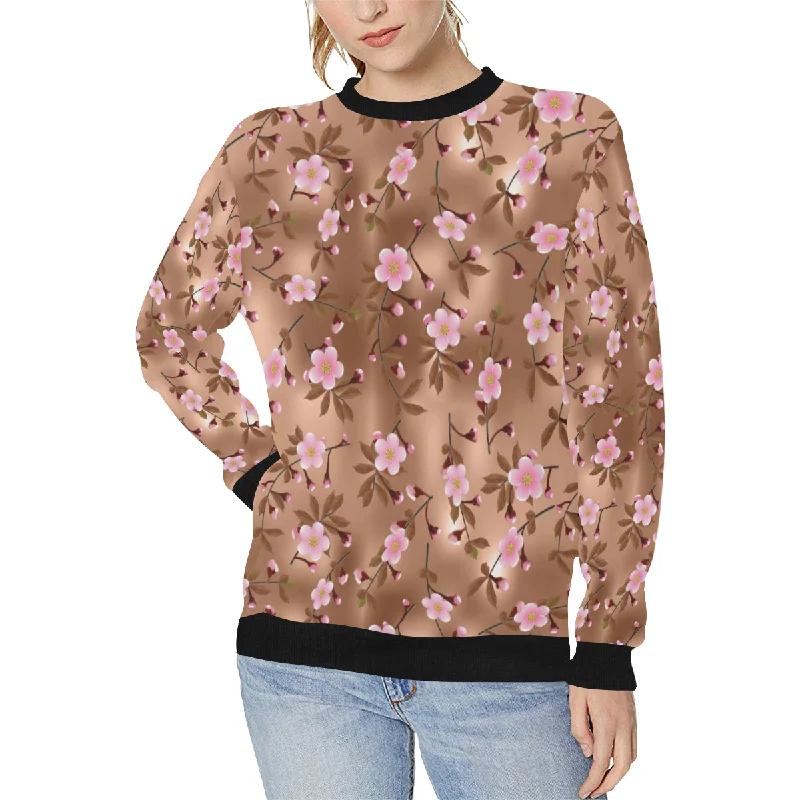 Pink sakura cherry blossom drak brown background Women's Crew Neck Sweatshirt Hoodie with Patch Decorative Personalized
