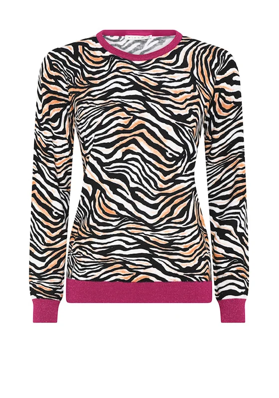Micha Glitter Trim Zebra Print Sweater, Camel and Wine Denim Fabric Leather Fabric Suede Fabric